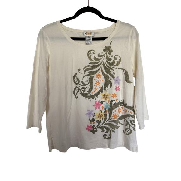Vintage Talbots Beaded Graphic 3/4 Sleeve Tee, L - Picture 1 of 7